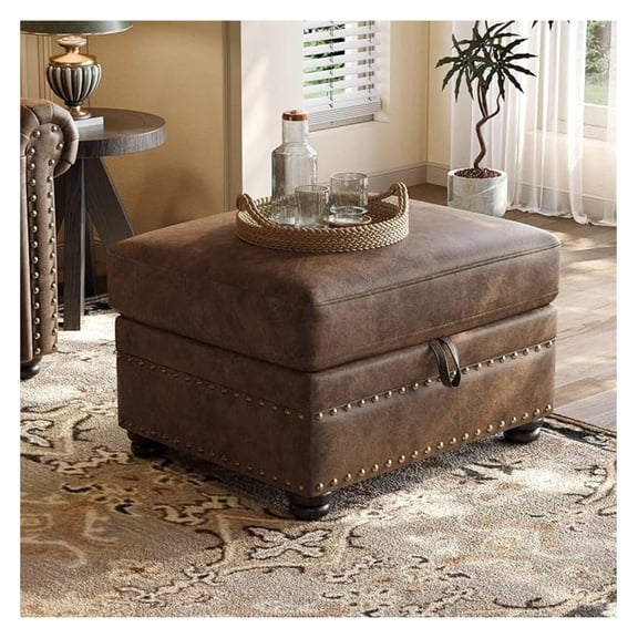 Faux Leather Ottoman with Storage, Rectangle Ottoman Coffee Table with Nailhead Trim, Solid Wood Legs, Oversized Upholstered Footrest Stool for Living Room, Bedroom, Apartment, Brown