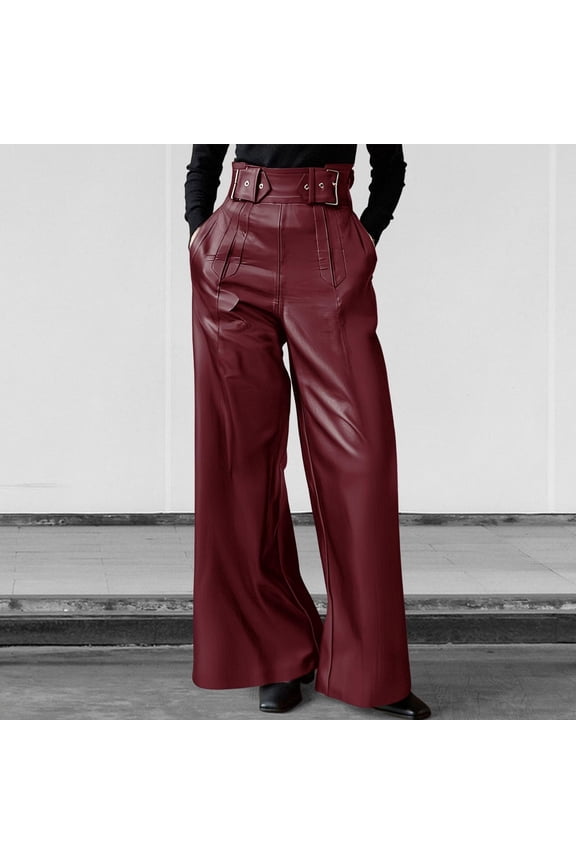 Faux Leather Pants For Women Pu High Waist Wide Leg Pants With Waistband Pleated Going Out Flare Trousers With Pockets (L, Wine)