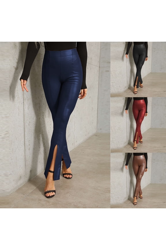 Leather Pants Women Pu Leather Flared Pants High Waist Elastic Pants Slit Pants Leather Leggings Brown XL