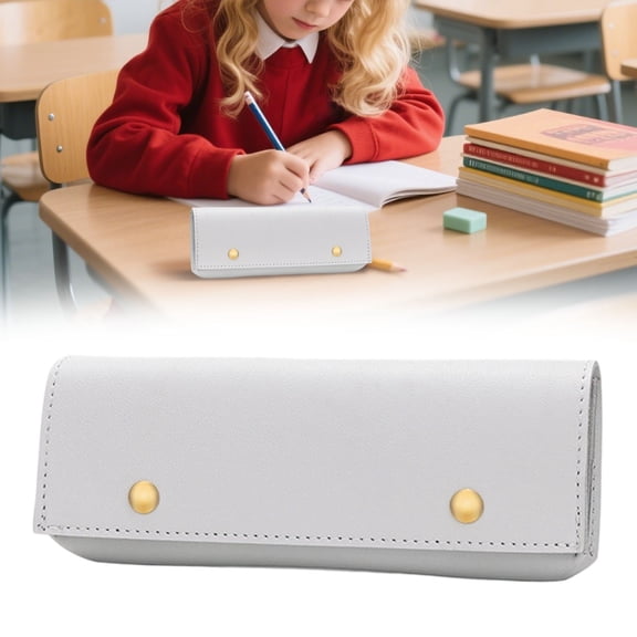 Faux Leather Pencil Case Portable Artist Case with Button Lightweight (Grey,Faux Leather)