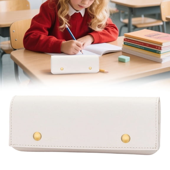 Faux Leather Pencil Case Portable Artist Case with Button Lightweight (White,Faux Leather)