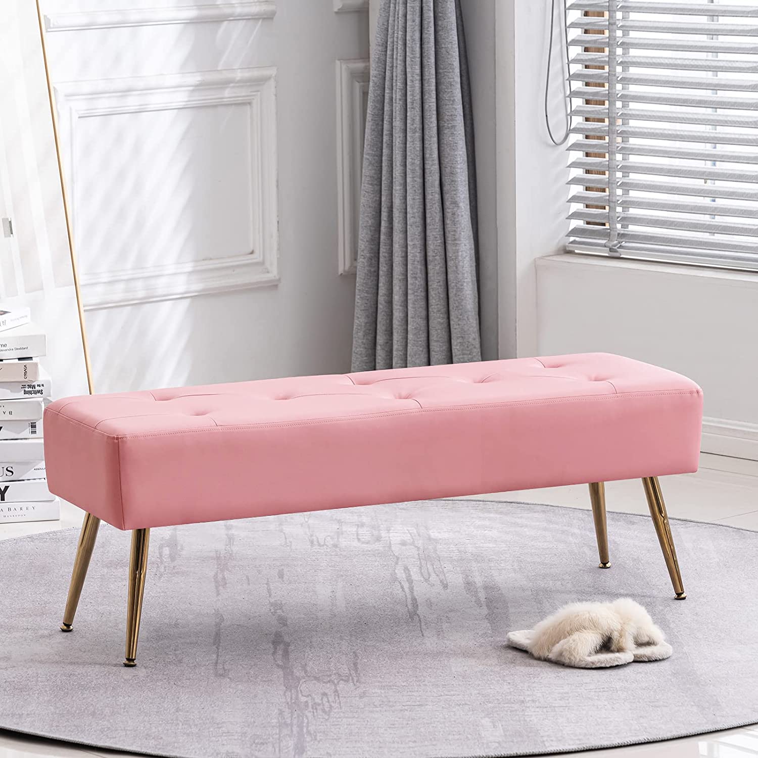 Faux Leather Pink Entryway Bench Ottoman Upholstered Tufted Bench