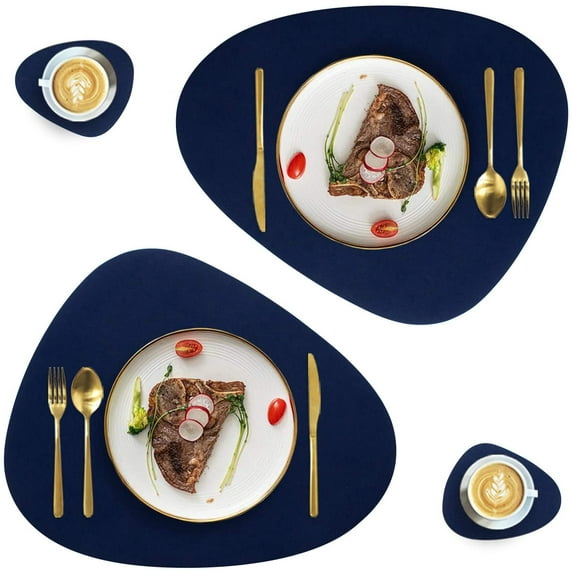 Faux Leather Placemats and Coasters Set, Round Leather for Dinner Table Mats Heat Resistant Washable Insulation Coffee Mats Kitchen Place Mats (2 Placemats+2 Coasters)