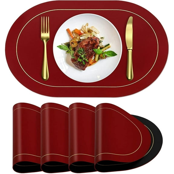 Faux Leather Placemats Set of 4 Oval Double Sided Colorful Design Dining Table Mats Waterproof Heat Resistant Washable Home Decor Kitchen Dining Table Placemats (Red+Black)