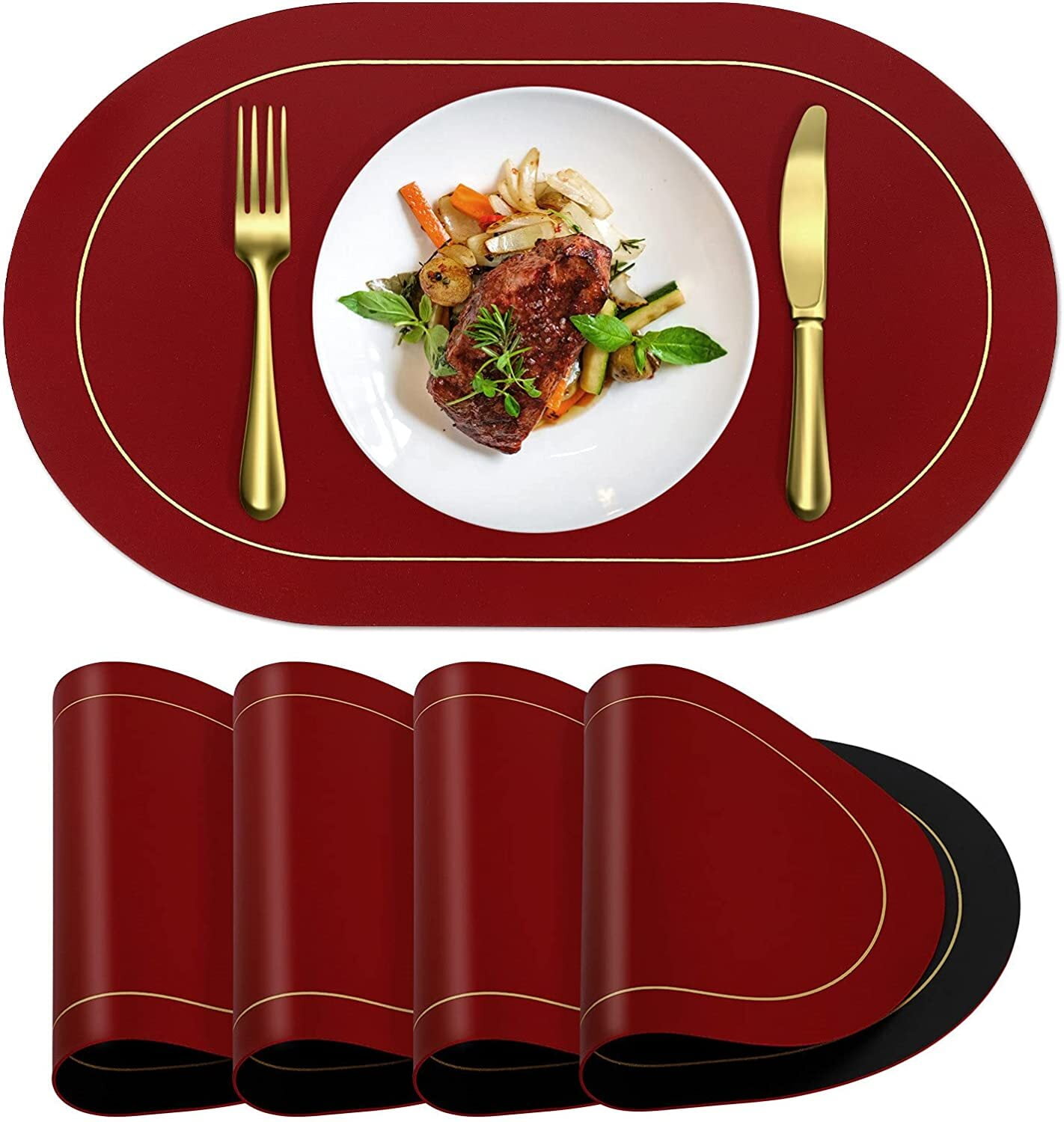 Faux Leather Placemats Set of 4 Oval Double Sided Colorful Design