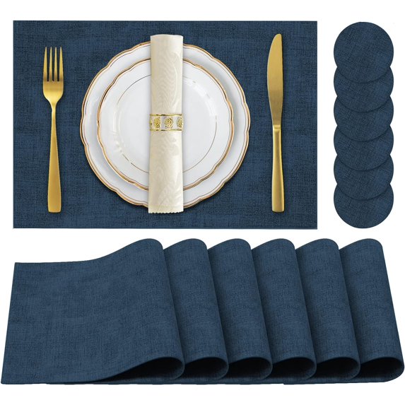 Faux Leather Placemats Set of 6,Heat Resistant Placemats for Dining Table, Easy Clean Non-Slip Place Mats, Waterproof Stain Resistant Wipeable Washable PU Table Mats, (Navy Blue)