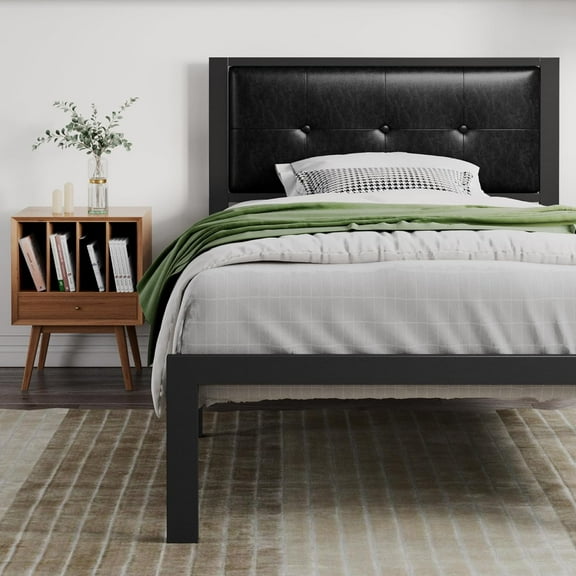 Faux Leather Platform Bed Frame with Metal Slats, Button Tufted Square Stitched Headboard, No Box Spring Needed, Easy Assembly, Twin, Black