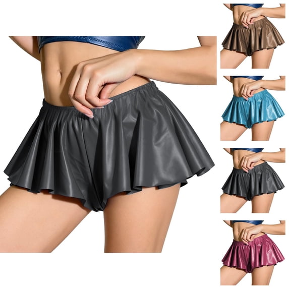 Leather Pleated Mini Skirt for Women Elastic Waist Ruffle Metallic Shiny Micro Skirts Clubwear