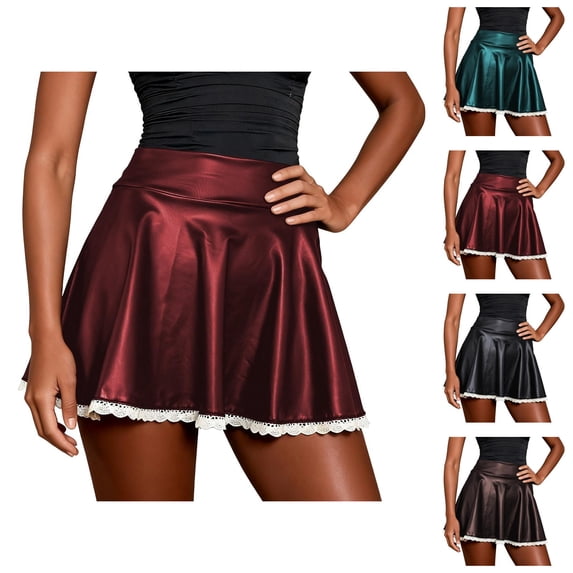 Faux Leather Pleated Mini Skirt for Women High Waisted Lace Hem A Line Mini Skirt