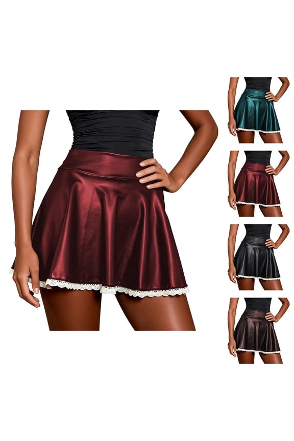 Faux Leather Pleated Mini Skirt for Women High Waisted Lace Hem A Line Mini Skirt