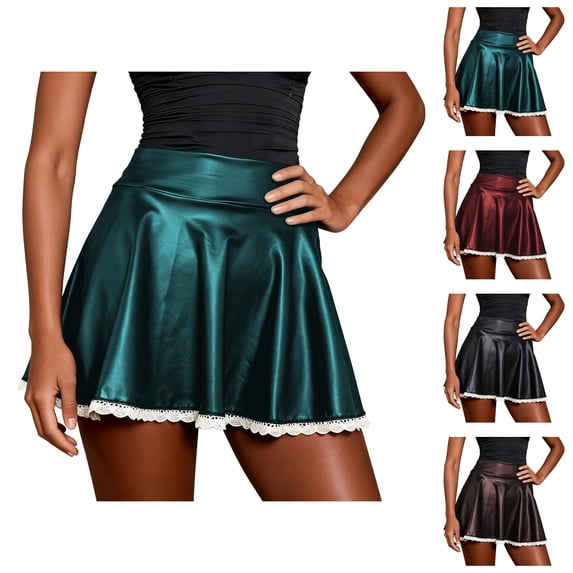 Faux Leather Pleated Mini Skirt for Women High Waisted Lace Hem A Line Mini Skirt