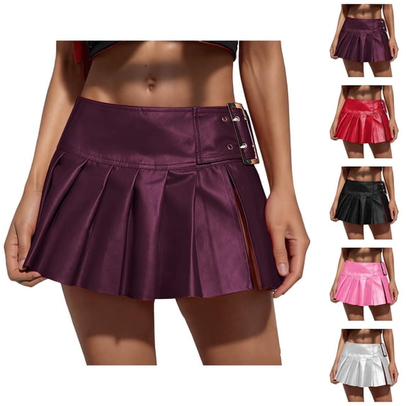 Leather Pleated Mini Skirt for Women Low Rise Side Slit Metallic Shiny Micro Skirts