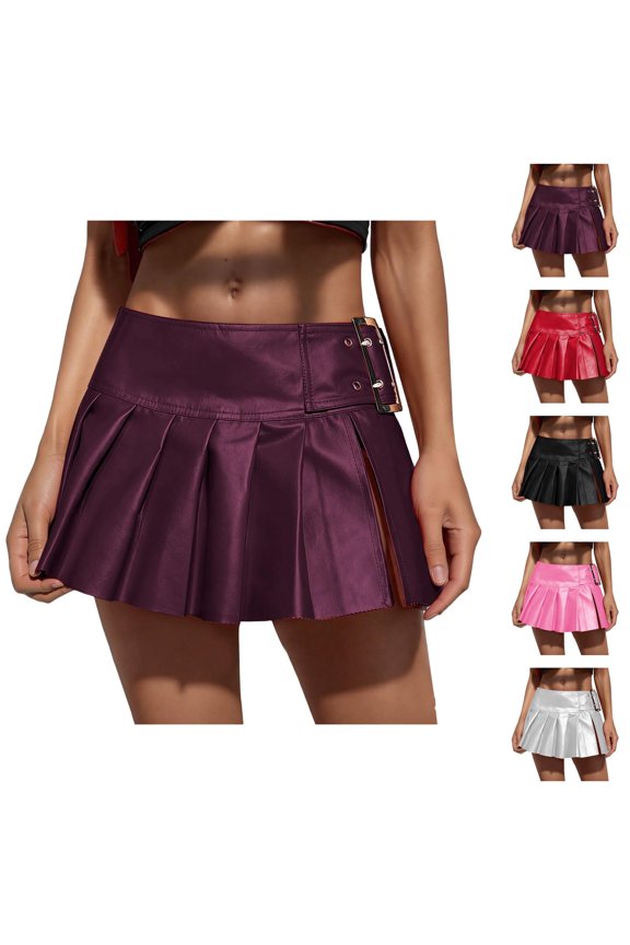 Leather Pleated Mini Skirt for Women Low Rise Side Slit Metallic Shiny Micro Skirts