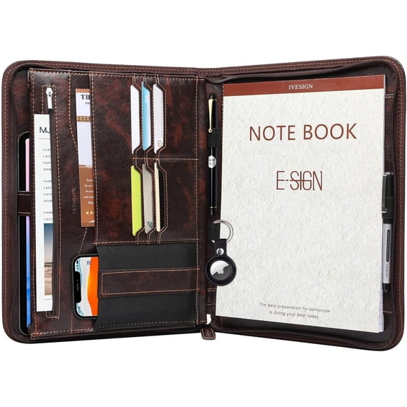 Faux Leather Portfolio Padfolio Organizer with Calculator, Writing Pad, Zipper Closure, Tablet Sleeve, Clipboard with Storage, Document Organizer, Business Card Holder, Note Pads-Black