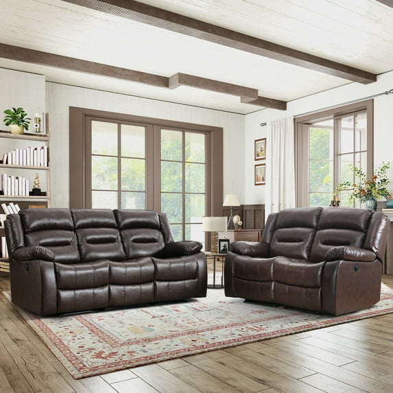 Bonzy Home Faux Leather Power Loveseat and 3-Seat Recliner Sofa Set, Electric Reclining Couch for Living Room, Bedroom, Office, Brown(Loveseat+Sofa)