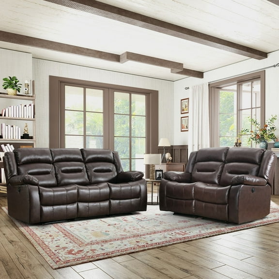 Bonzy Home Faux Leather Power Loveseat and 3-Seat Recliner Sofa Set, Electric Reclining Couch for Living Room, Bedroom, Office, Brown(Loveseat+Sofa)