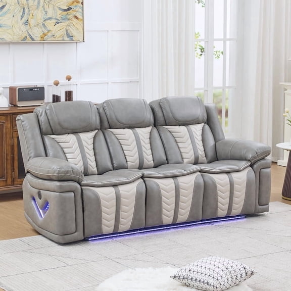 Faux Leather Power Recliner Sofa, Home Theater 3 Seater Couch with LED Base Light, Cup Holders & Wireless Charging, Grey