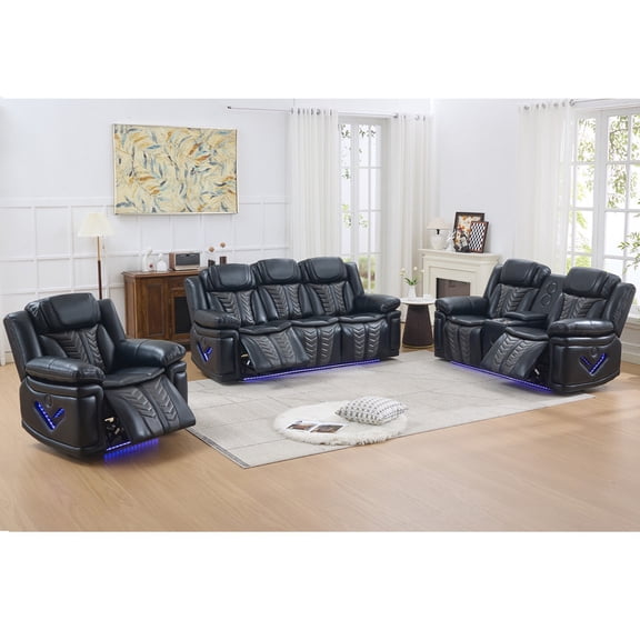Faux Leather Power Recliner Sofa Set, Home Theater Seating with LED Base Light, Cup Holders & Storage Console, Living Room Reclining Couch for Movie Room Black