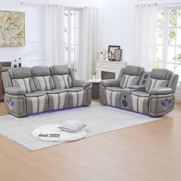 Faux Leather Power Recliner Sofa Set, Home Theater Seating with LED Base Light, Cup Holders & Storage Console, Living Room Reclining Couch for Movie Room Grey
