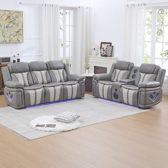 Faux Leather Power Recliner Sofa Set, Home Theater Seating with LED Base Light, Cup Holders & Storage Console, Living Room Reclining Couch for Movie Room Grey