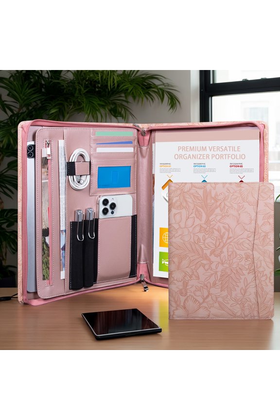 Faux Leather Professional Briefcase and Document Organizer with Zipper A4 Notepad Holder for Business Resume and Gifts