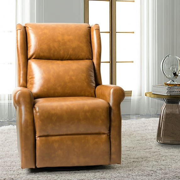 Faux Leather Recliner Manual Swivel Nursery Armchair Metal Base Wingback Home Bedroom Living Room Camel