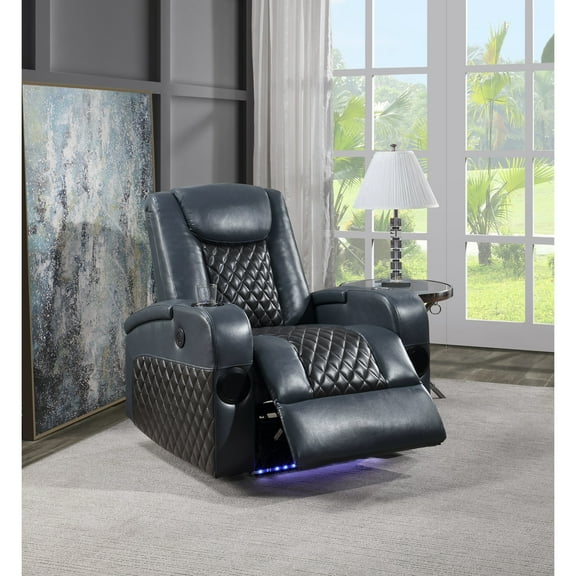 Faux Leather Recliner With Immersive Audio, Led Illumination And Metal Structure Comfortable Power In Black Blue Speaker System Cool Cup Holder