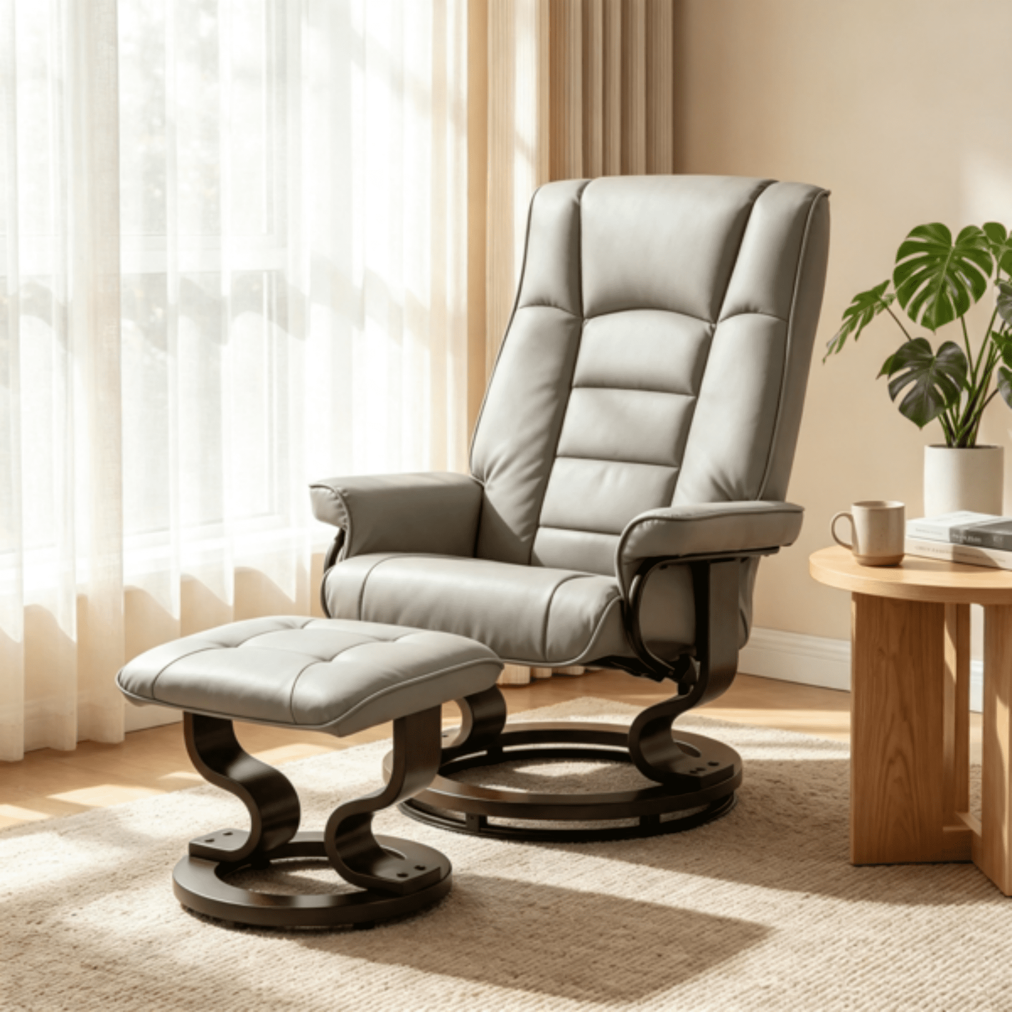 Faux Leather Reclining Chair, Tufted Back & Wood Frame, Manual Recliner, Gray
