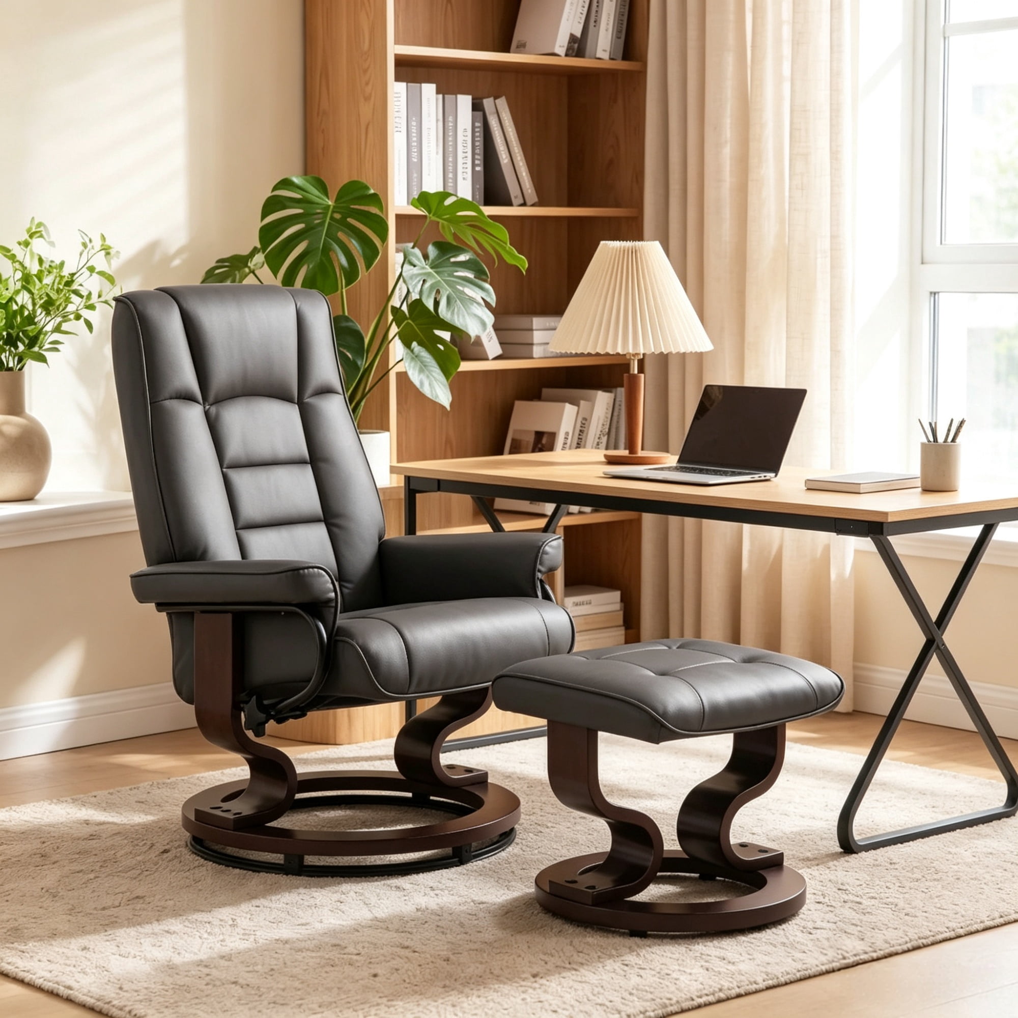 Faux Leather Reclining Chair with Ottoman, Manual Recliner with Tufted Back and Wood Frame, Brown