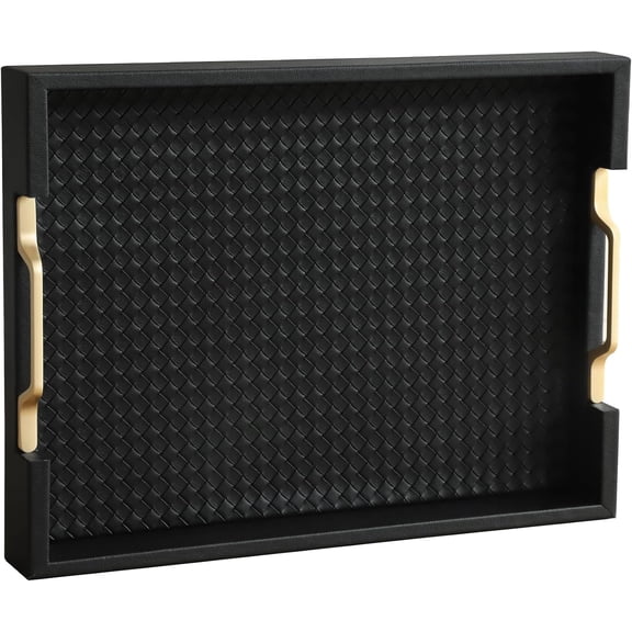 Faux Leather Rectangle Serving Tray Decor Platter with Gold Metal Handles for Coffee Table, Breakfast, Tea, Food, Countertop, Kitchen, Butler Tray, 16.2 x 12.2 2 inches (Classic Black)