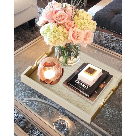 Faux Leather Rectangle Serving Tray Decor Platter with Gold Metal Handles for Coffee Table, Breakfast, Tea, Food, Countertop, Kitchen, Butler Tray, 16.2 x 12.2 x 2 inches (Cream White)