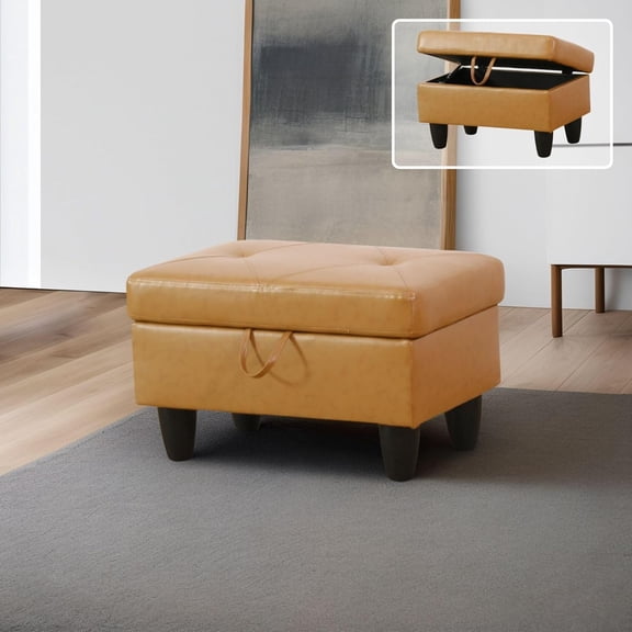 Faux Leather Rectangular Storage Ottomans Foot Rest, PU Leather Ottoman Foot Stools with Hinged Lid Modern Home Decor, 28.5'' X 19'' X 17.5'' Foot Stool for Living Room Bedroom (Ginger)