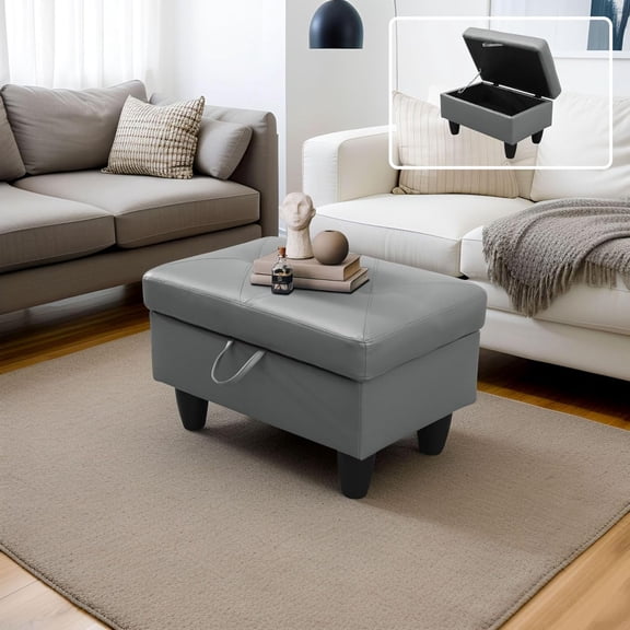 Faux Leather Rectangular Storage Ottomans Foot Rest, PU Leather Ottoman Foot Stools with Hinged Lid Modern Home Decor, 28.5'' X 19'' X 17.5'' Foot Stool for Living Room Bedroom (Dark Grey)