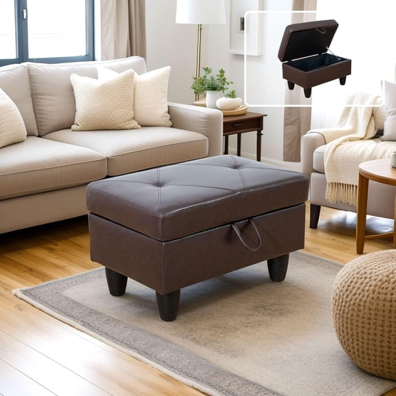 Faux Leather Rectangular Storage Ottomans Foot Rest, PU Leather Ottoman Foot Stools with Hinged Lid Modern Home Decor, 28.5'' X 19'' X 17.5'' Foot Stool for Living Room Bedroom (Brown)