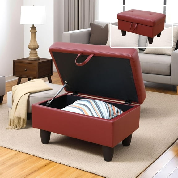 Faux Leather Rectangular Storage Ottomans Foot Rest, PU Leather Ottoman Foot Stools with Hinged Lid Modern Home Decor, 28.5'' X 19'' X 17.5'' Foot Stool for Living Room Bedroom (Red)