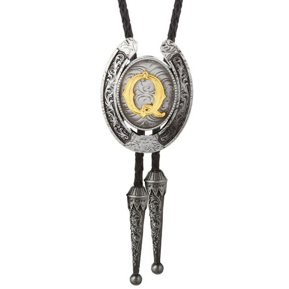 Faux Leather Rope Bolotie Necktie Adjustable Necklace with Metal Initial Letter Pendant Jewelry Vintage Western Neckwear
