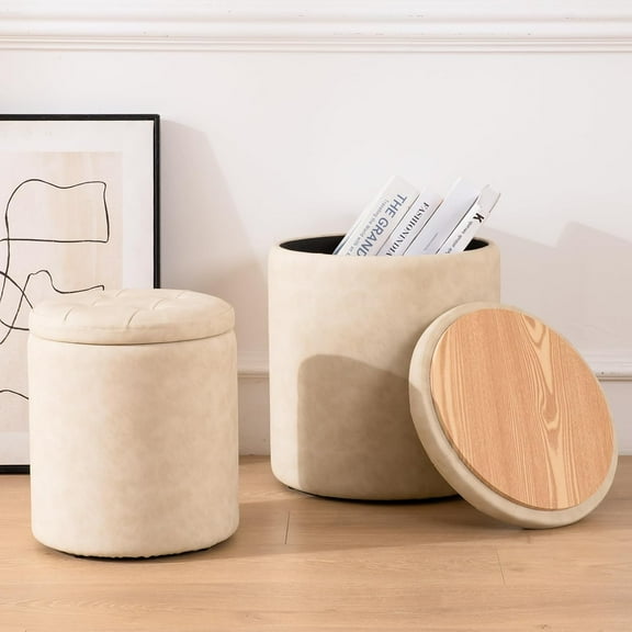 Faux Leather Round Ottoman with Storage Set of 2, Button Tufted Ottoman Foot Stools Vanity Stool, Small Boucle Coffee Table Footstool with Removable Lid for Living Room, Bedroom, Beige