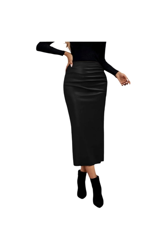 Faux Leather Skirt for Womens Women Ruched PU Bodycon Long Skirt Slit Back Cocktail Pencil Skirts