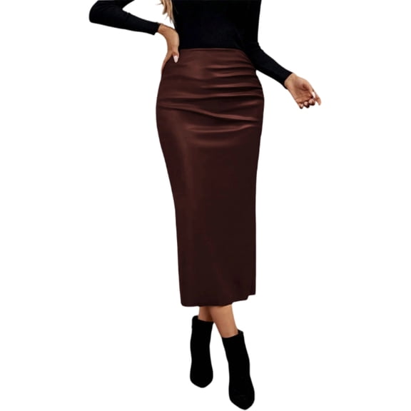 Faux Leather Skirt for Womens Women Ruched PU Bodycon Long Skirt Slit Back Cocktail Pencil Skirts