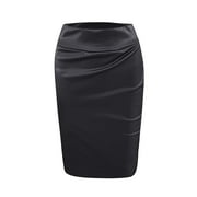 MHOXUTO Faux Leather Skirts for Women Trendy Vacation Slit Party Bodycon Skirt Elastic High Waisted Knee Length Pencil Skirt