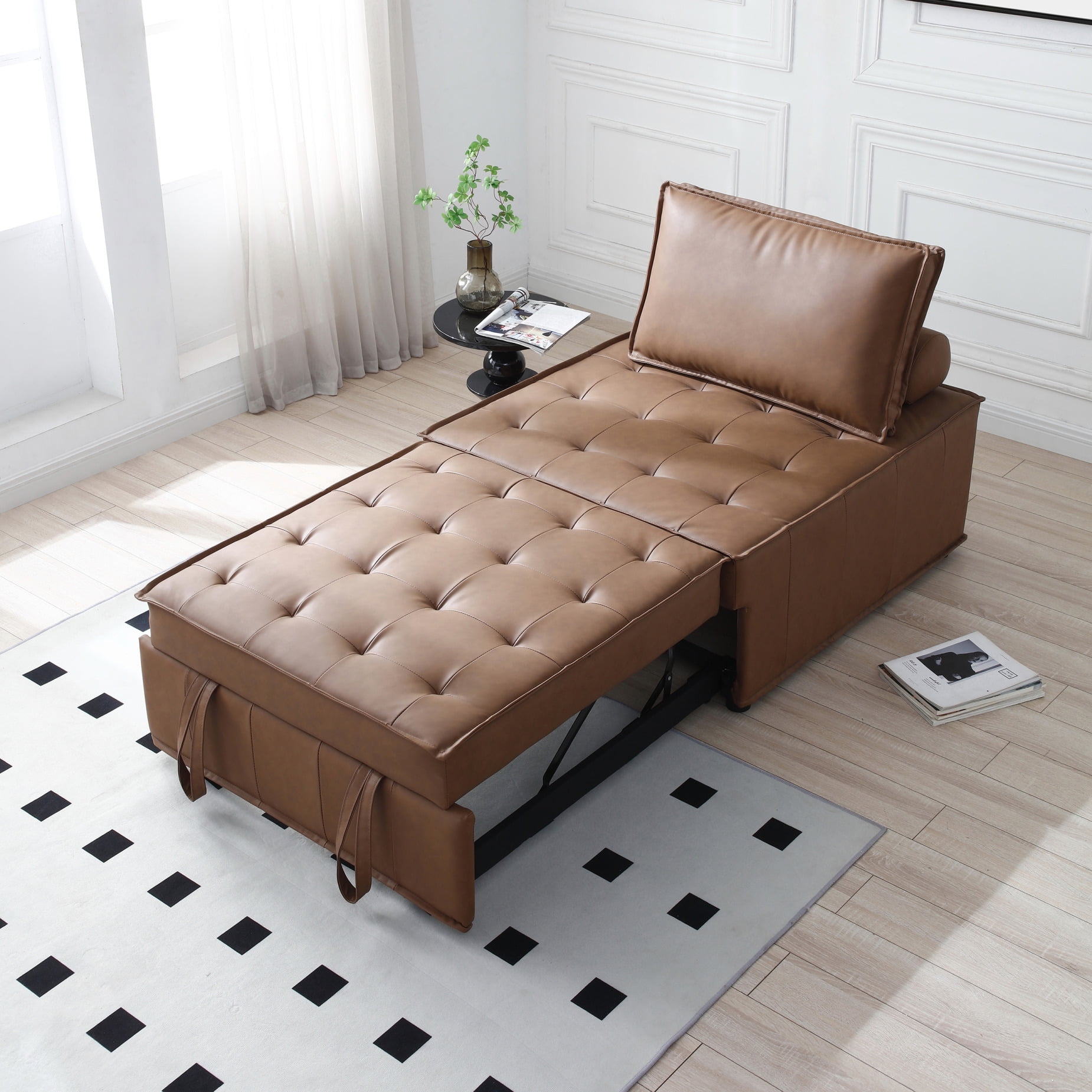 Faux Leather Sleeper Chair, Convertible Chair Bed with Removable Back