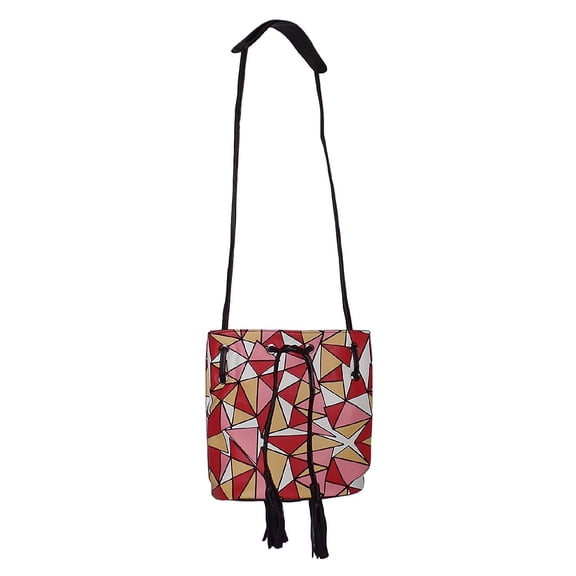 Faux Leather Small Cross Body Purse with Magnetic Closure and Nylon Lining Pink Red Yellow Geometric