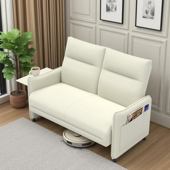 Faux Leather Small Loveseat Sofa, Small Sofa 2 Seater Couch with Flip Up Tray Table Side Pockets Elastic Cushion Perfect Loveseat Couch for Bedroom Living Room or Office, Beige