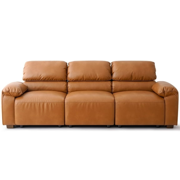 Faux Leather Sofa Couch, Luxury Mid-Century 95" 3-Seater Armchair Couch with Comfort Cushion for Living Room, Easy to Assembly, Elegant Cognac Tan