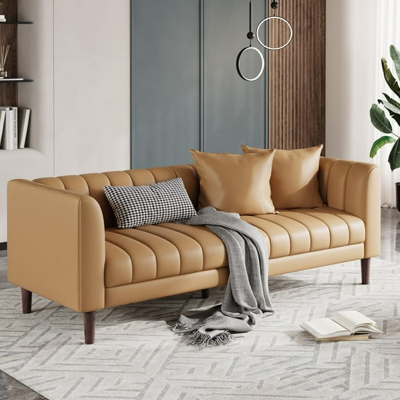 Faux Leather Sofa Couch, Mid-Century 78 Inch 3 Seater Leather Couch with Throw Pillows and Wood Legs for Living Room