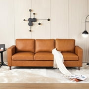 Faux Leather Sofa Couch, Mid-Century Modern Leather Sofa, 85 Inch 3 Seater Comfy Couch with Comfort Cushion for Living Room Home Office