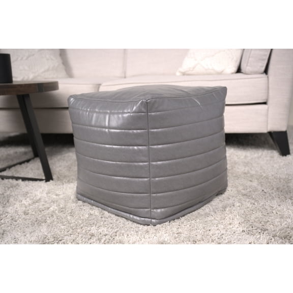 Faux Leather Square Pouf, Gray - Candy Chic, Or Floor Cushion, 16"x16"x16", 200lbs Weight Limit, Decorative, Spot Clean, Bead Filled Pouf Contemporary Style, 16x16x16", 200lb Capacity, Fill