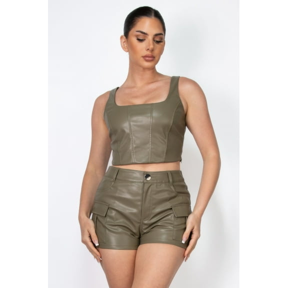 Faux Leather Square Zippered Crop Top