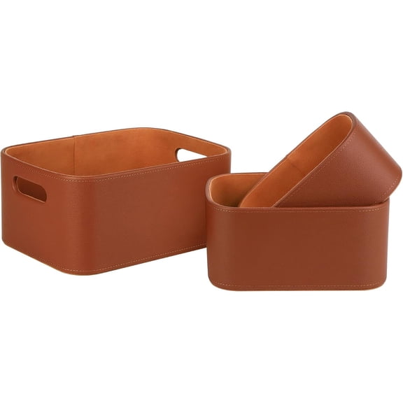 Faux Leather Storage Baskets Bins with Lining for Organizing, Storage, Gifts, Set of 3 Nesting Shelf Baskets Decorative Storage Boxes for Organization (Brown)
