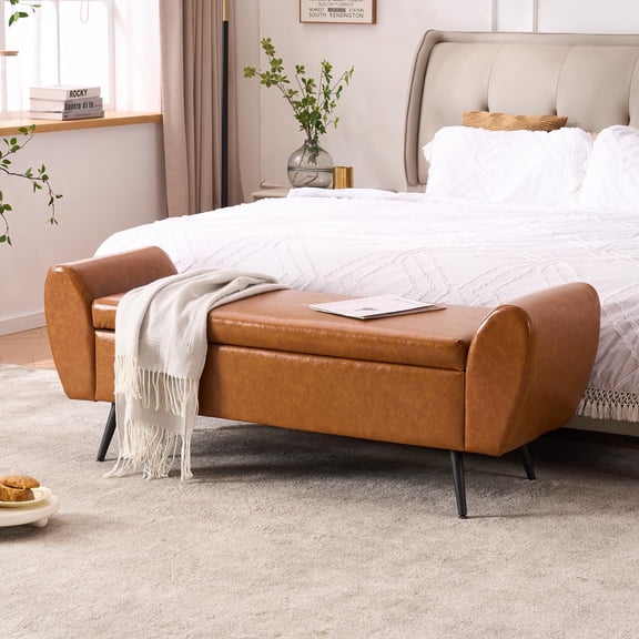 Faux Leather Storage Bench for Bedroom, 55" Extra Long Bench for King Size Bed, Modern Upholstered End of Bed Ottoman Bench with Arms for Entryway Living Room